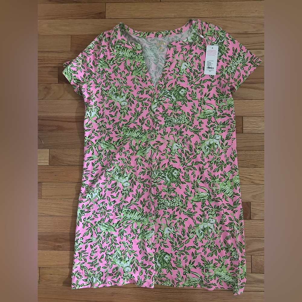 Lilly Pulitzer Pink Dress with Green Tropical Leaf Print